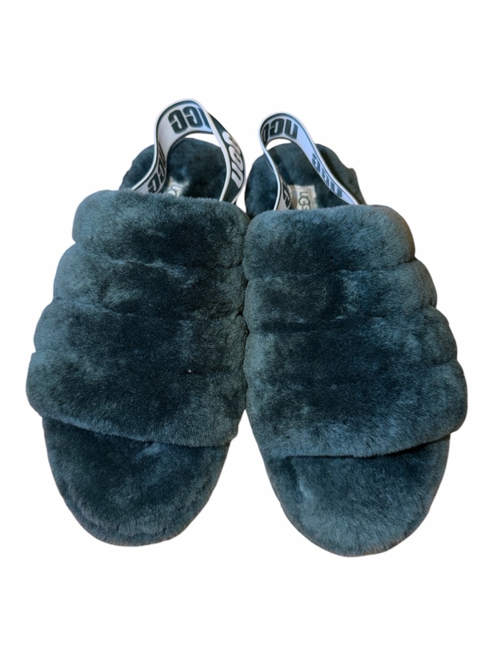 UGG Plush Slide Sandals — Dark Teal Faux-Fur